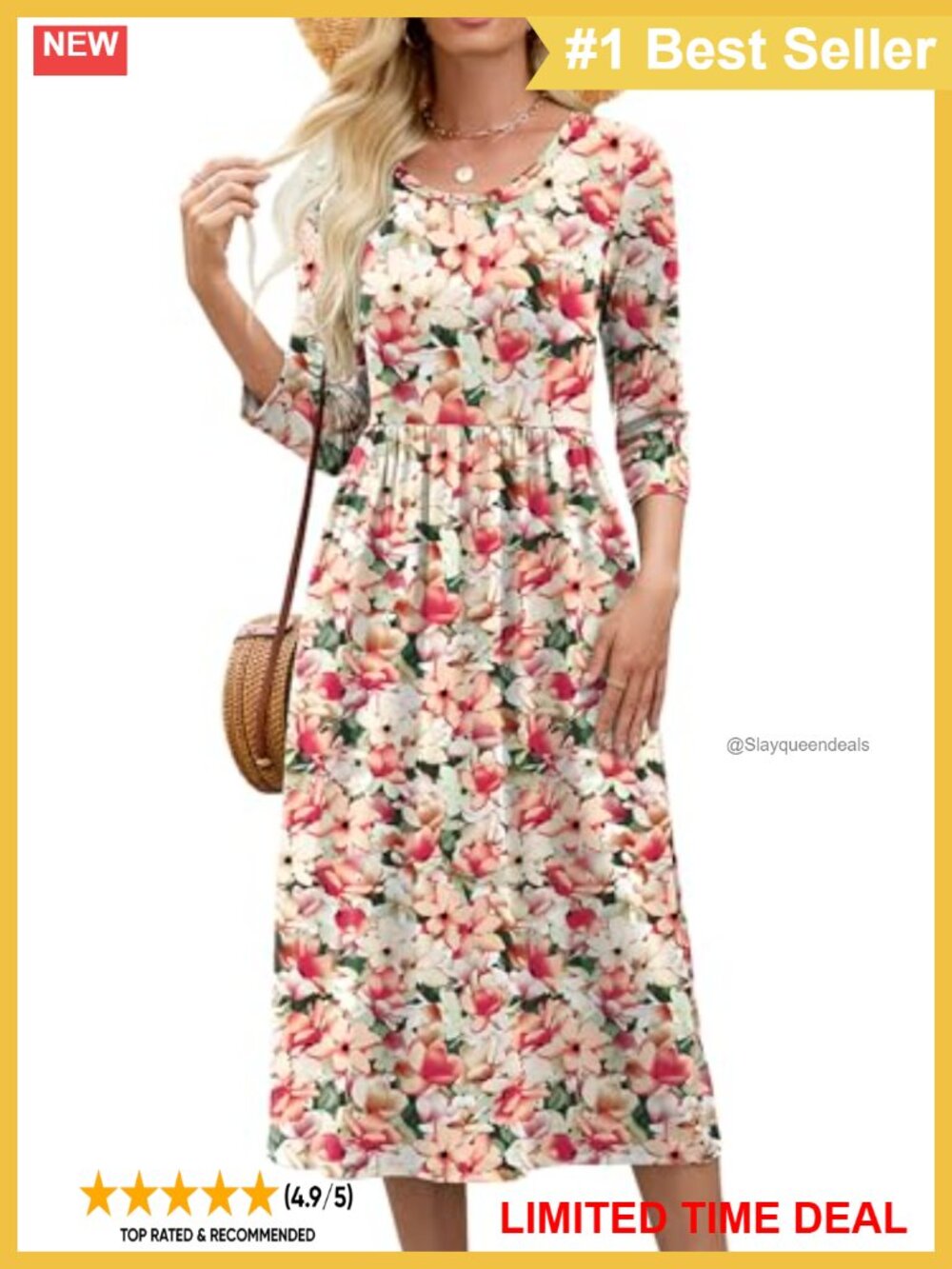 Women's 3/4 Sleeve Midi Dress with Pockets A-Line Pleated Casual